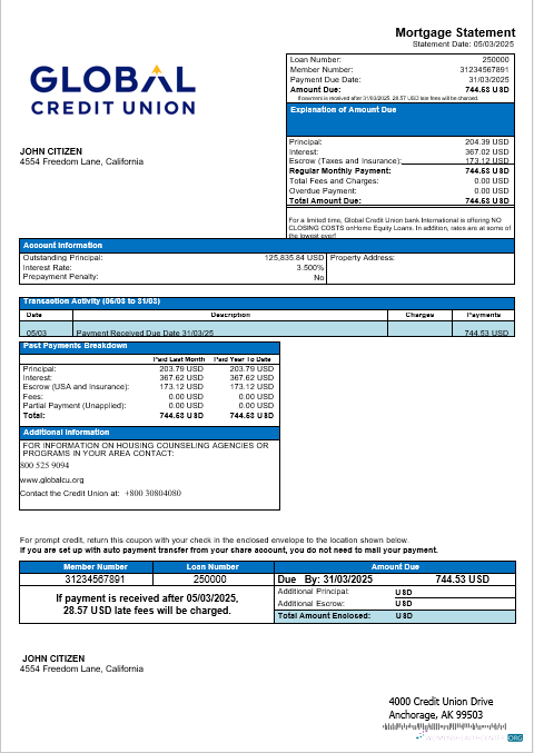 Download USA Alaska Global Credit Union bank mortgage statement in Word and PDF formats Photoshop template